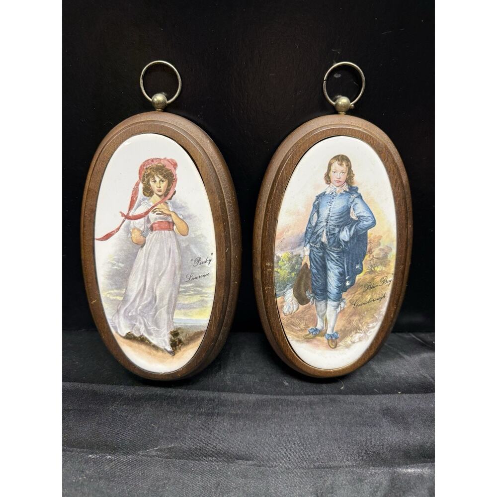 Vintage 4.25”x7” Ceramic Ovals On Wood of Pinkie & Blue Boy Gallery Wall EUC